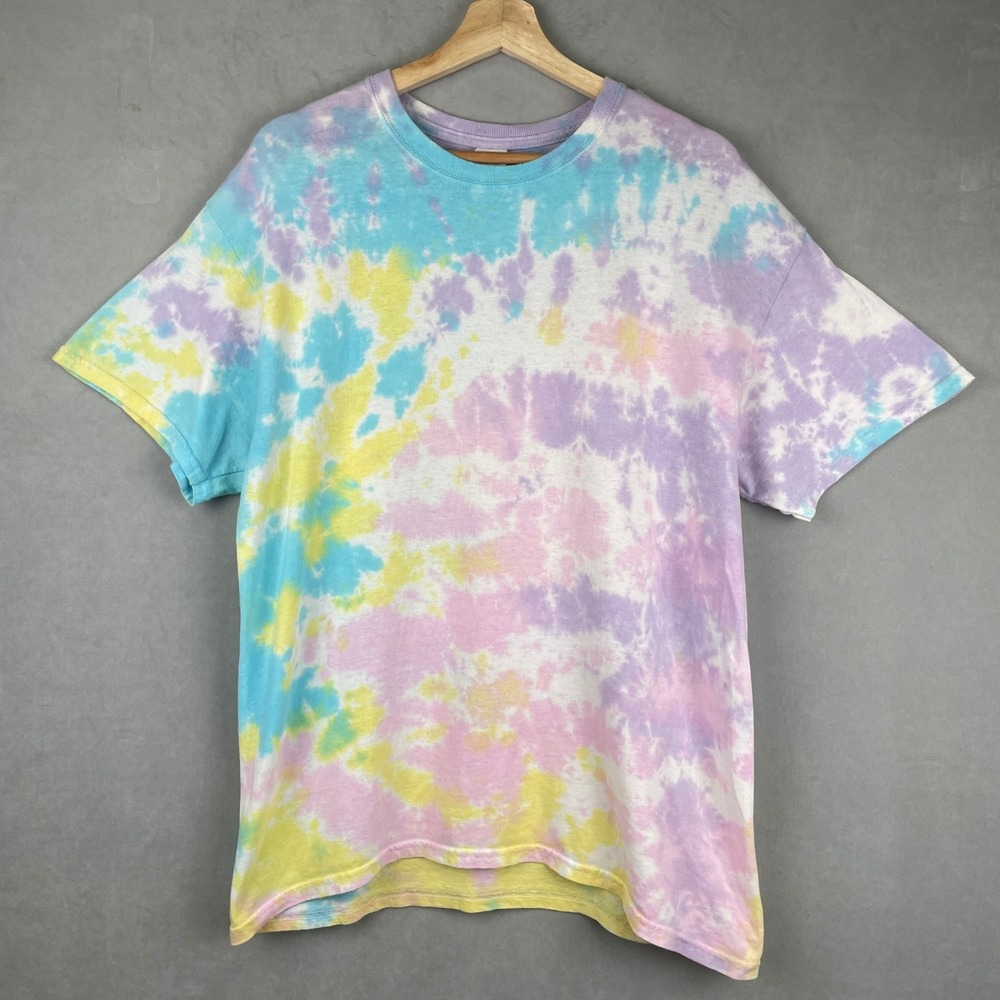 Gildan Heavy Cotton Pastel Tie Dye T-Shirt Mens L Psychedelic Pink Blue Yellow‎